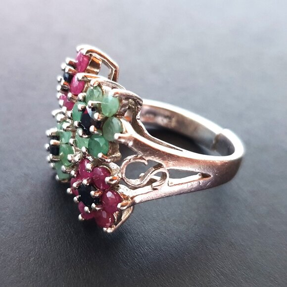 One-of-a-Kind Vintage Natural Emerald, Ruby & Sapphire 925 Silver Statement Ring - Picture 11 of 14